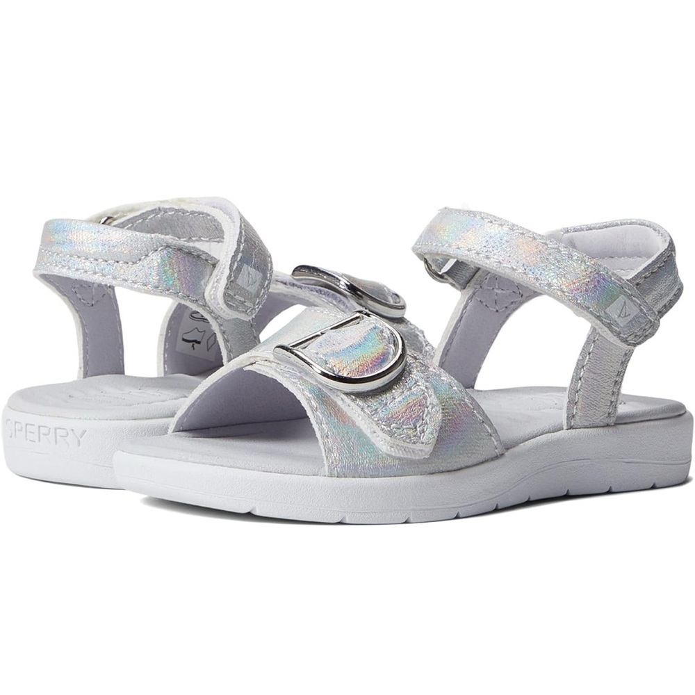 Sperry Kids Iridescent Silver Sandals Girls Cottagecore Coastal 7M w/Box
